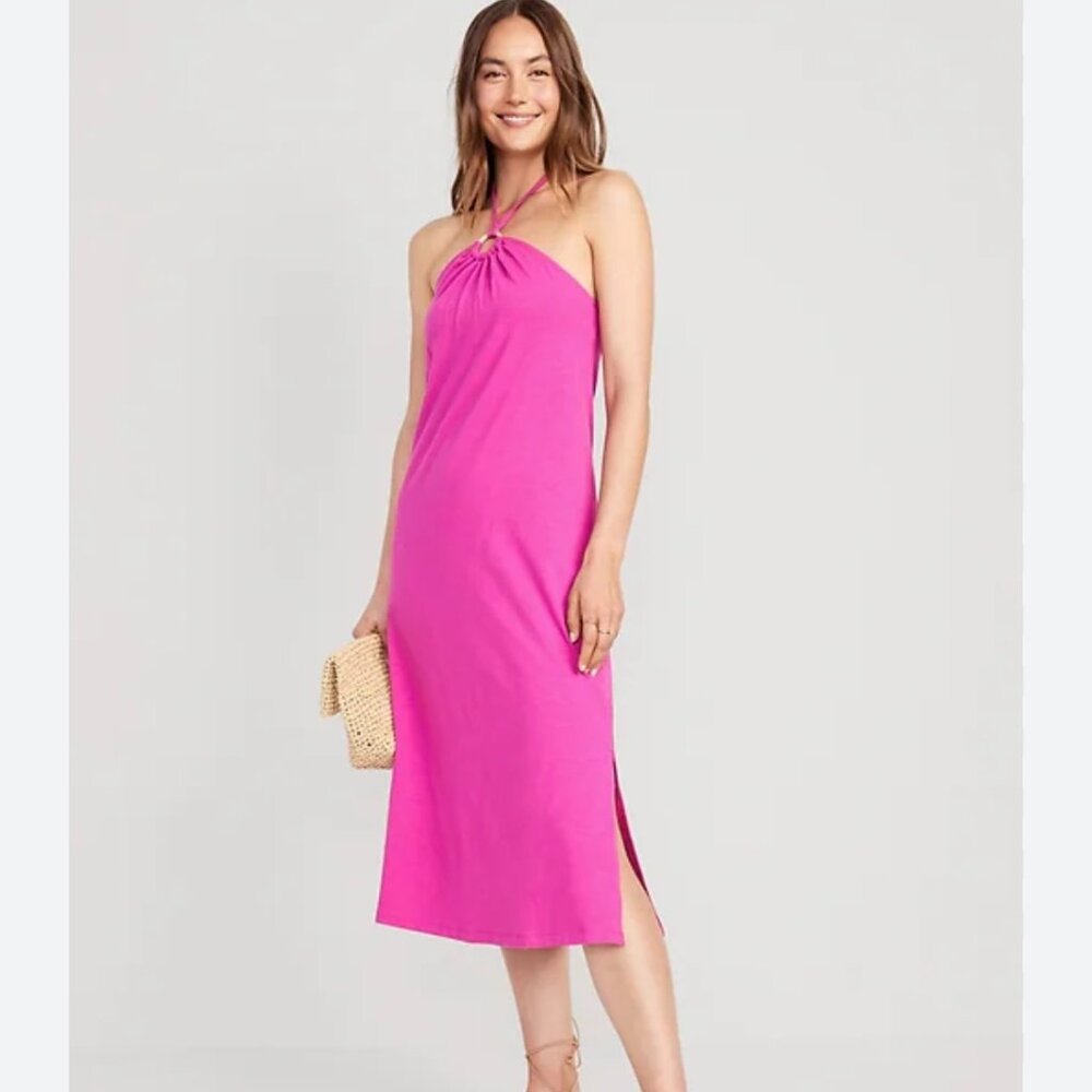 Old Navy Pink Slub-Knit Midi Shift Halter Dress